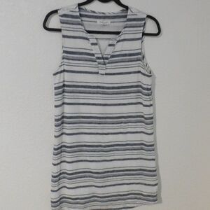 Beach Lunch Lounge Linen Cotton Sleeveless White Blue Sheath Dress Size XS
